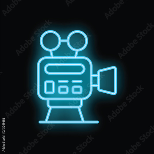 Blue neon sign representing a vintage movie camera, evoking the world of cinema and filmmaking