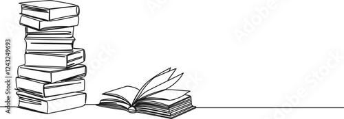 continuous single line drawing of large stack of books and open book, line art vector illustration