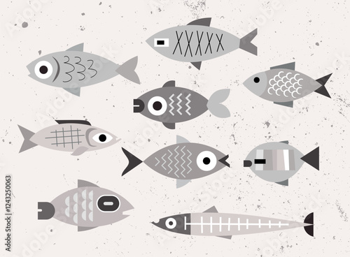 Vector monochrome design of group of various fishes on a light grunge background. Each one of the design element created on a separate layer and can be used as a standalone image or icon.