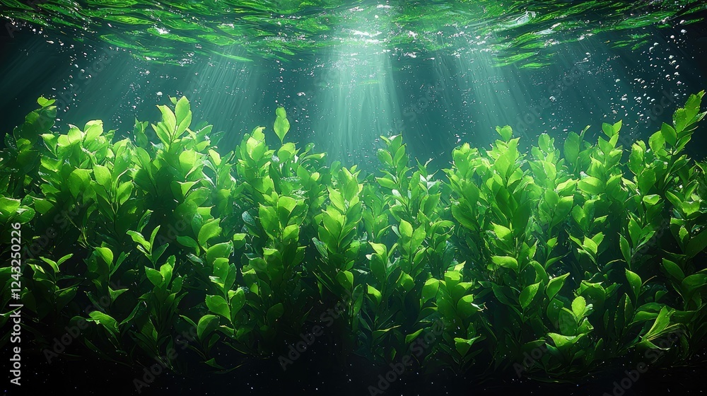 Fototapeta premium Underwater Sunlight Illuminates Lush Green Aquatic Plants