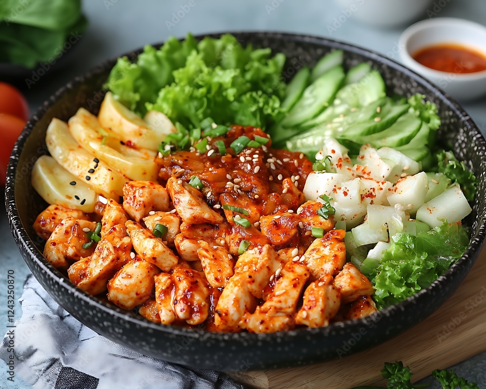Spicy chicken and vegetable bowl. Spicy chicken and vegetable bowl.