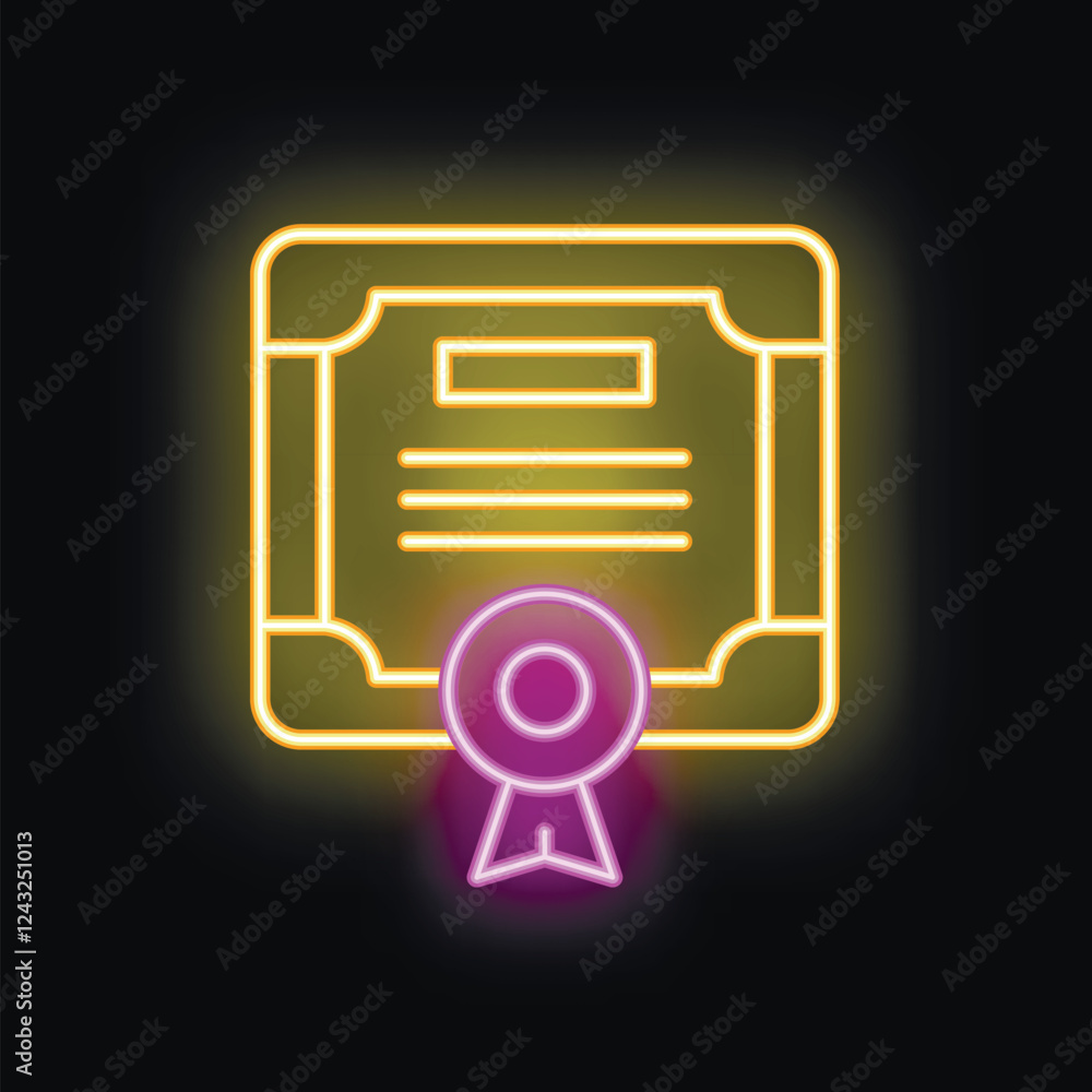 Neon sign illustrating an official certificate with a stamp and ribbon glowing on a black background Neon sign illustrating an official certificate with a stamp and ribbon glowing on a black background