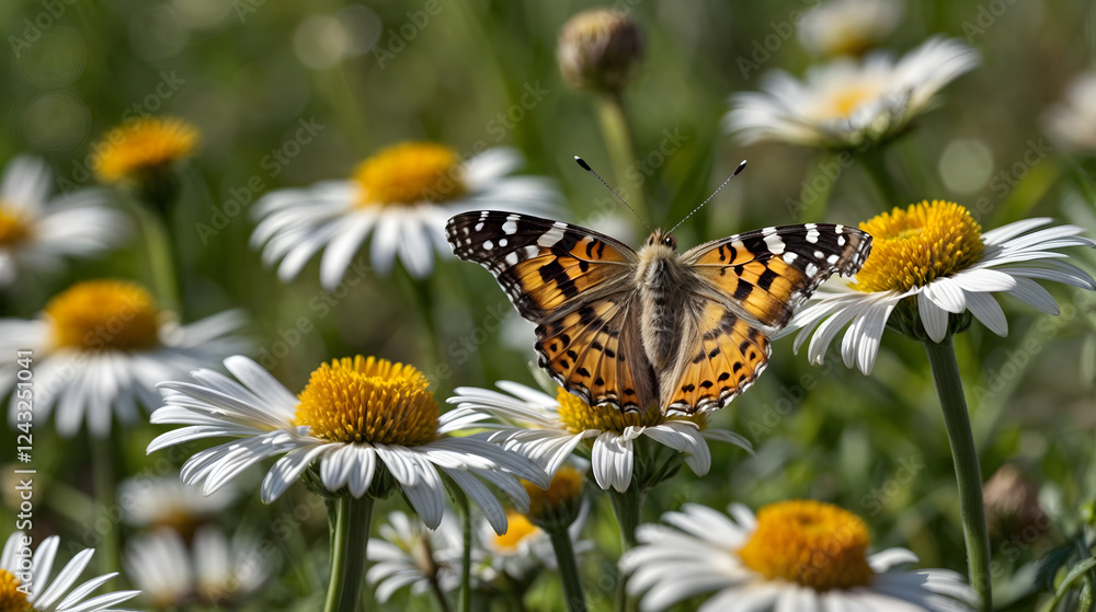 Obraz premium Vibrant Painted Lady Butterfly Resting on a White Daisy in a Sunlit Meadow