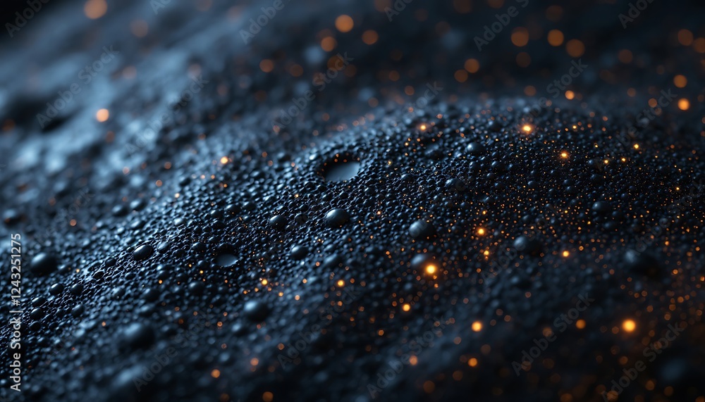 Dark Abstract Background with Glowing Particles and Water Droplets Dark Abstract Background with Glowing Particles and Water Droplets