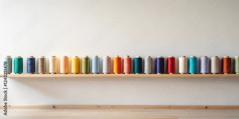 Vibrant spools of thread arranged on a minimalist wooden shelf against a clean white wall, showcasing a spectrum of colors for diverse crafting projects. Vibrant spools of thread arranged on a minimalist wooden shelf against a clean white wall, showcasing a spectrum of colors for diverse crafting projects.
