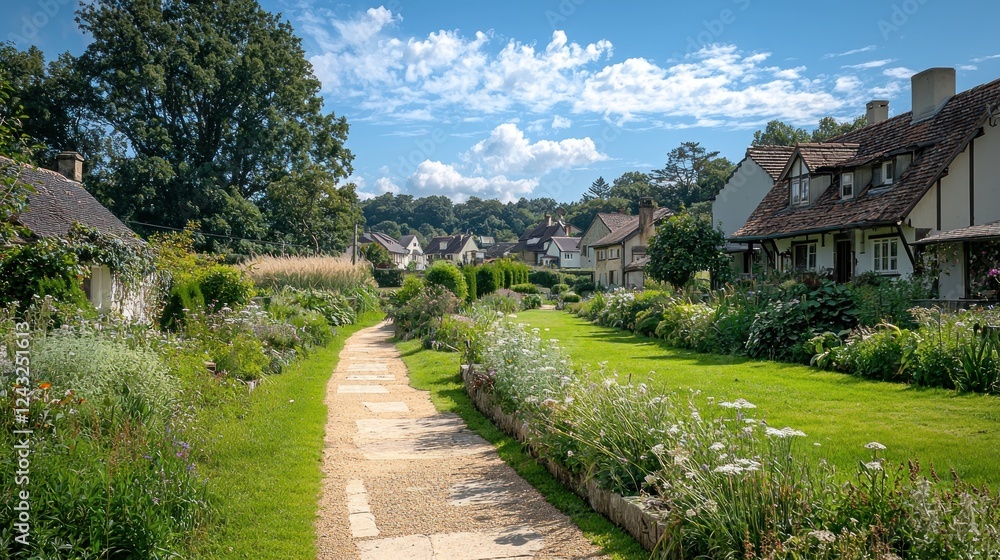 Sunny Day in a Picturesque Village with Flower-Lined Path Sunny Day in a Picturesque Village with Flower-Lined Path