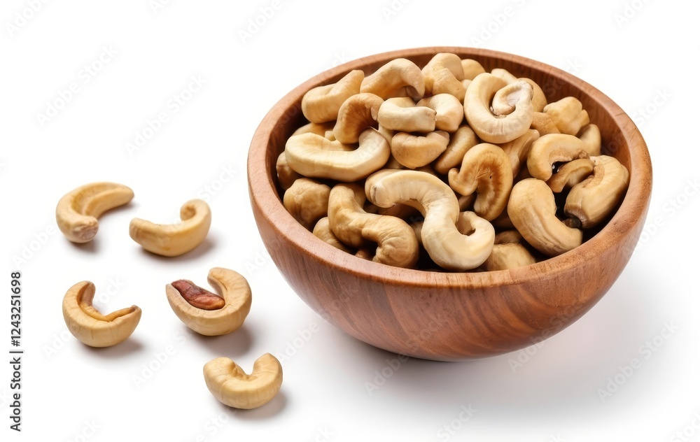 A wooden bowl filled with roasted cashew nuts on a white background