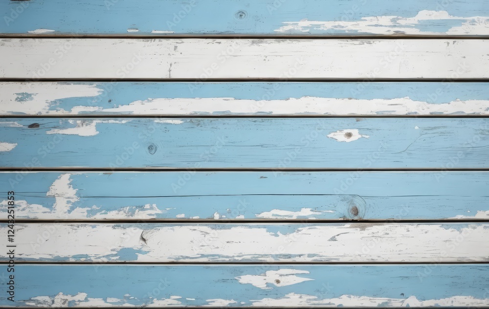 A close-up of a wooden plank with a white and blue distressed paint texture A close-up of a wooden plank with a white and blue distressed paint texture
