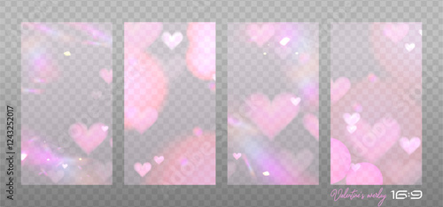 Set of 16x9 sized pink blurred overlays with colorful lens dispersion, crystal romantic hearts light, exposed photographic film and flare transparent effects. Vector illustration.