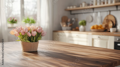 Happy Easter! Easter table with decorated eggs and tulip flowers