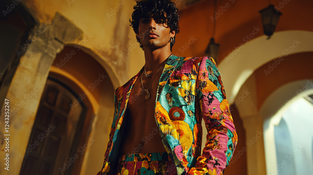 Fototapeta premium A handsome Indian male model stands confidently in a colorful retro disco outfit.