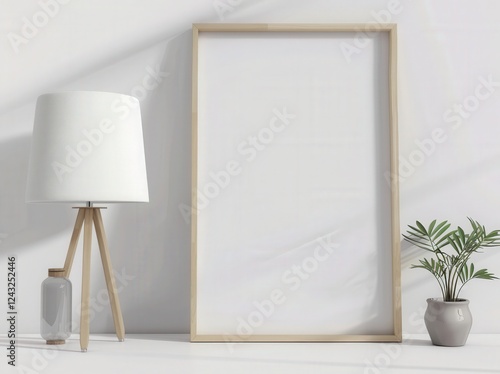 A minimalist interior mockup with a wooden frame. a lamp. and a plant