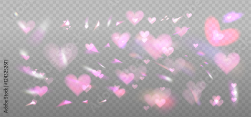Big set of romantic lens, crystal pink light and flare transparent heart effect elements. Valentine s day Overlay templates. Triangular glass prism concept. Vector eps10
