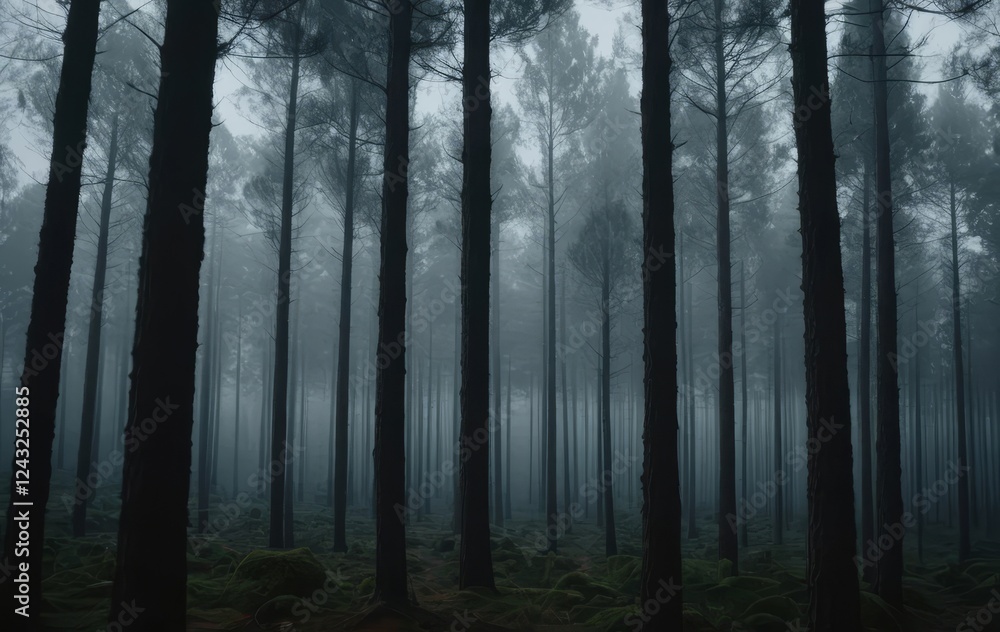 A panoramic view of a misty forest with tall pine trees and light shining through A panoramic view of a misty forest with tall pine trees and light shining through