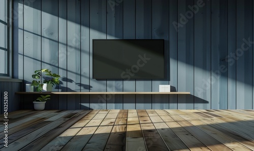 A modern living room with a flat screen TV on a wooden shelf. with a wooden floor and a window casting sunlight on the wall photo