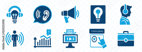 12 Active Listening Skills Icon Set. Containing pay attention, eye contact, body language, show empathy, don't interrupt and share icons. Solid icon