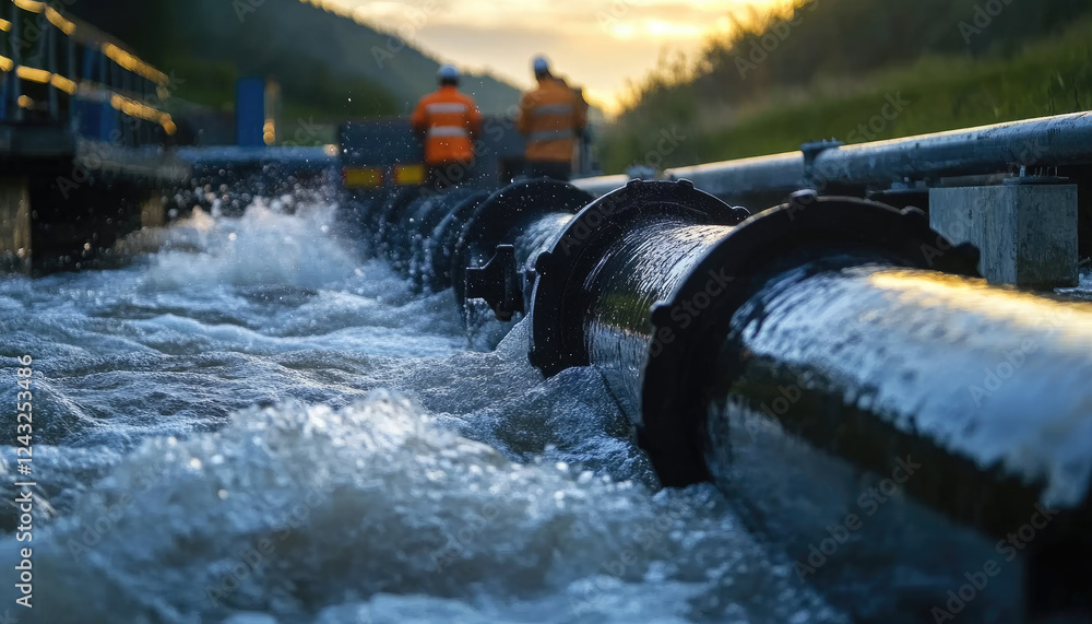 Emergency Crews Respond to a Broken Valve on a Major Pipeline, Battling Uncontrolled Water Flow with Barriers and Pumps to Prevent Flooding Emergency Crews Respond to a Broken Valve on a Major Pipeline, Battling Uncontrolled Water Flow with Barriers and Pumps to Prevent Flooding
