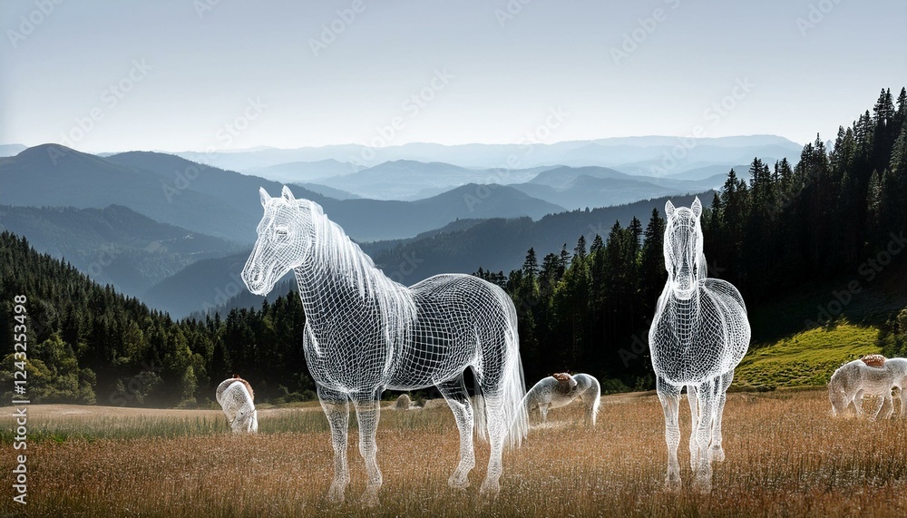 Naklejka premium Virtual digital wildlife in the mountains. Futuristic holographic outline model of horses. Wireframe polygonal model. Augmented reality.