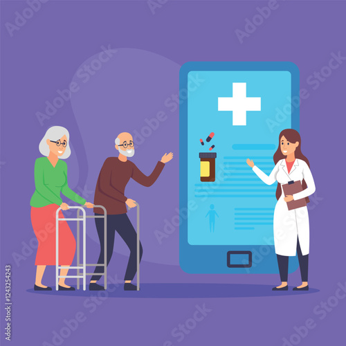 Two elderly individuals engaged with healthcare professional explaining medical information from mobile device. Importance of health management concept
