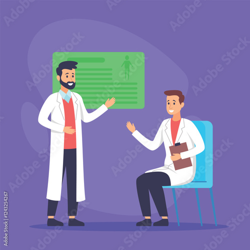 Doctor in white coat explaining health information to seated colleague in office. People engaged in discussion about well-being and medical advice