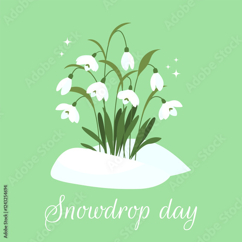 Snowdrop Day. Spring composition of snowdrops. Greeting card in flat style. Vector illustration