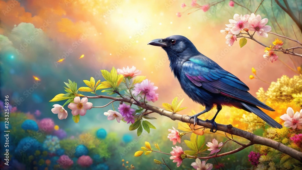 A vibrant blue-hued bird perched gracefully on a blossoming branch, surrounded by a breathtaking array of colorful flowers and a soft, dreamy backdrop A vibrant blue-hued bird perched gracefully on a blossoming branch, surrounded by a breathtaking array of colorful flowers and a soft, dreamy backdrop