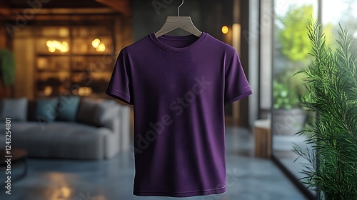 Purple t-shirt on hanger in modern interior.