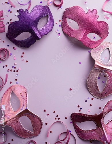 Carnival concept. Top view of frame made by lilac and pink carnival masks on pale liac background and confetti with copy space. Generated image photo