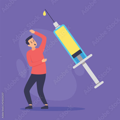 Man worried expression recoiling from large syringe filled with vaccine fluid. Fear of vaccination concept