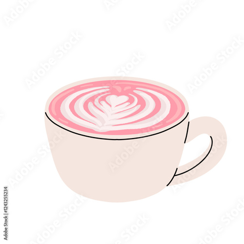 Collection of drinks for Valentine's Day. Mug with coffee, cocoa, hot chocolate, cream, strawberry milk with hearts, cherry cocktail, latte, love potion. Hot and cold beverages for Valentine's Day.