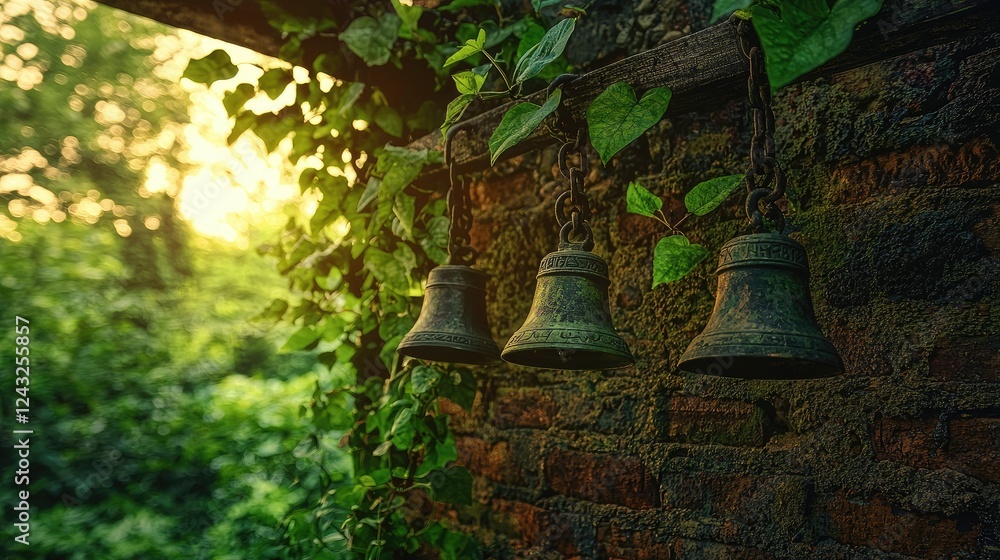 Fototapeta premium Three antique bells hang on a mossy brick wall