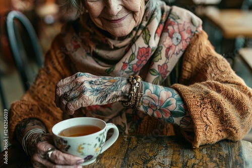 Wallpaper Mural Senior Woman with Floral Tattoos Drinking Tea An elderly woman with elegant floral tattoos running down her arms Torontodigital.ca
