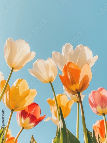 Vibrant spring tulips blooming against a clear blue sky