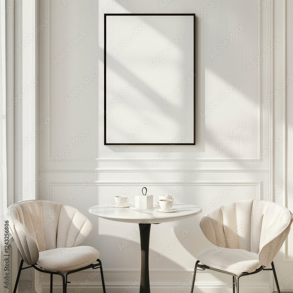 Fototapeta premium Minimalist white interior with two chairs and a round table with a blank picture frame on the wall. perfect for showcasing your design