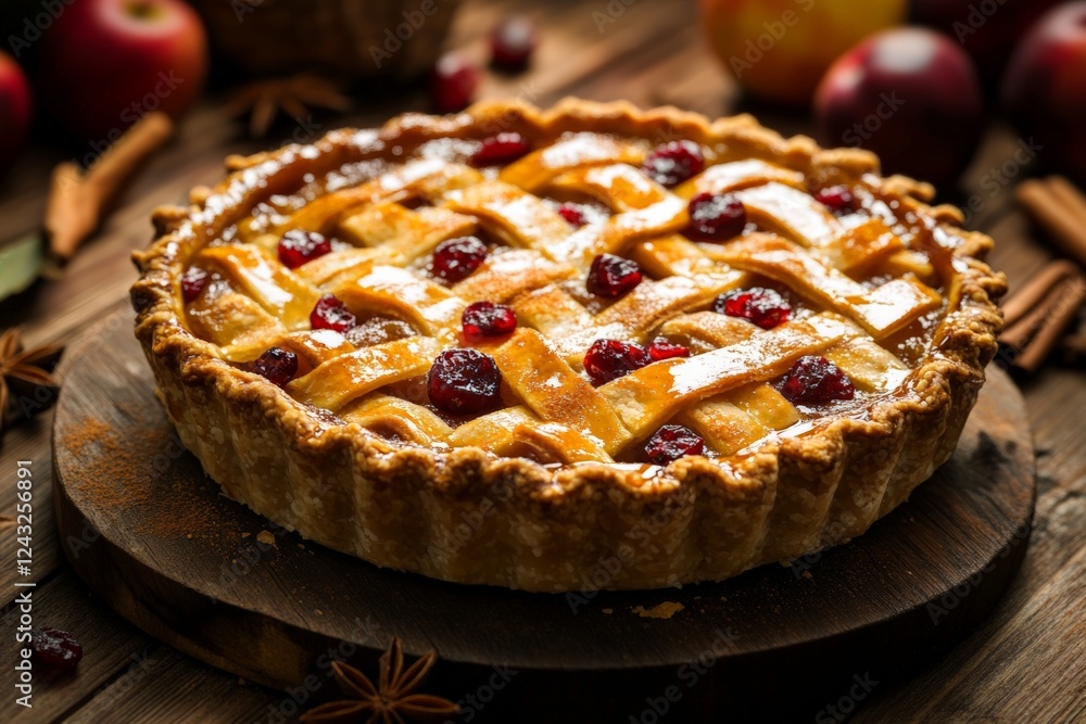 Delicious homemade apple pie with lattice crust and berries on wooden table. Delicious homemade apple pie with lattice crust and berries on wooden table.
