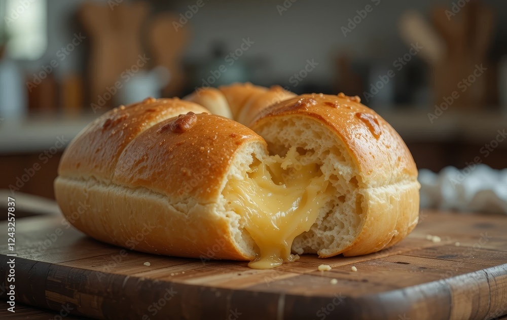 A freshly baked bread roll with melted cheese filling, placed on a wooden cutting board with a blurred kitchen background. A freshly baked bread roll with melted cheese filling, placed on a wooden cutting board with a blurred kitchen background.