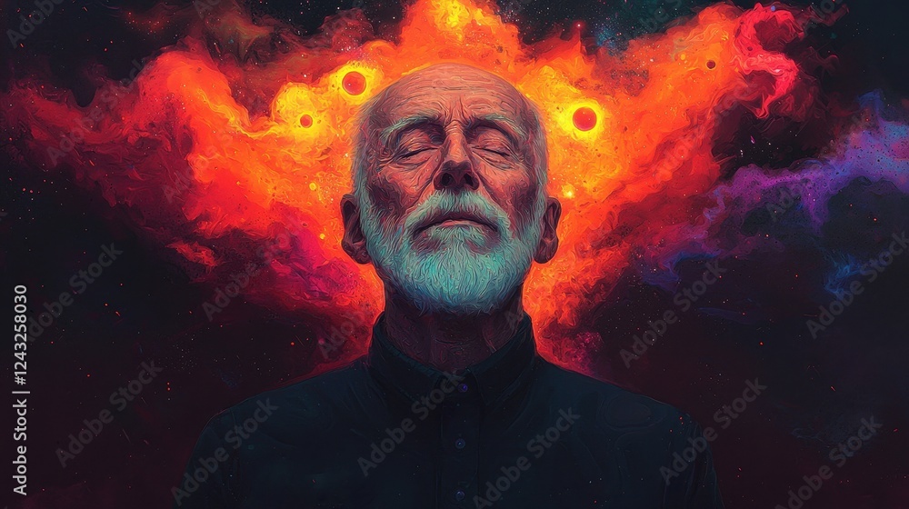 Elderly Man with Cosmic Background and Vibrant Color Explosion Elderly Man with Cosmic Background and Vibrant Color Explosion