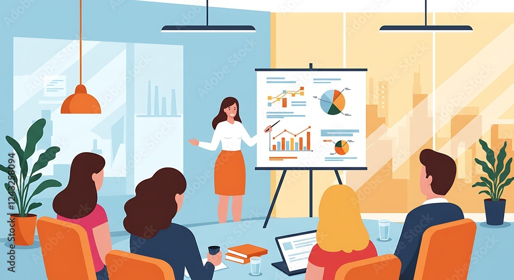 Team at Business Meeting with Sales Chart Illustration Stock Photo for Presentations, Training and Collaboration Designs. Team at Business Meeting with Sales Chart Illustration Stock Photo for Presentations, Training and Collaboration Designs.