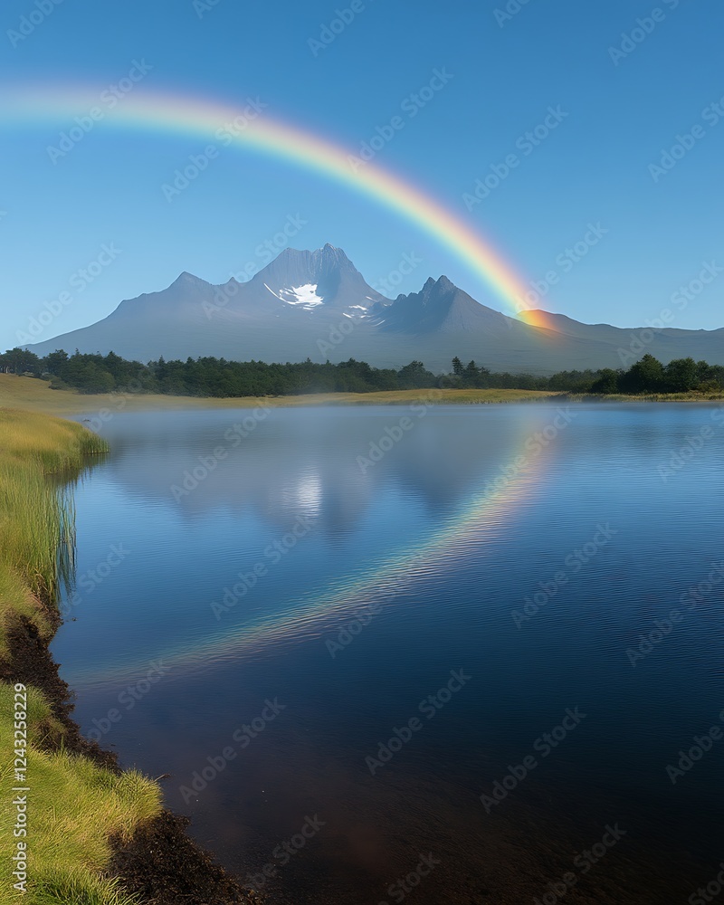 Naklejka premium Rainbow over serene lake and mountain.