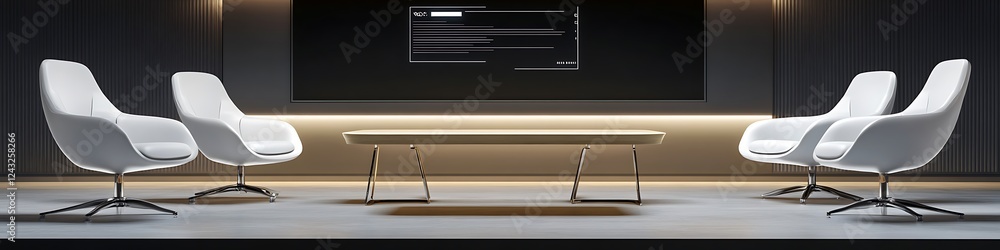 Obraz premium A professional virtual background of a minimalist conference space with stylish white chairs a digital screen and a polished table