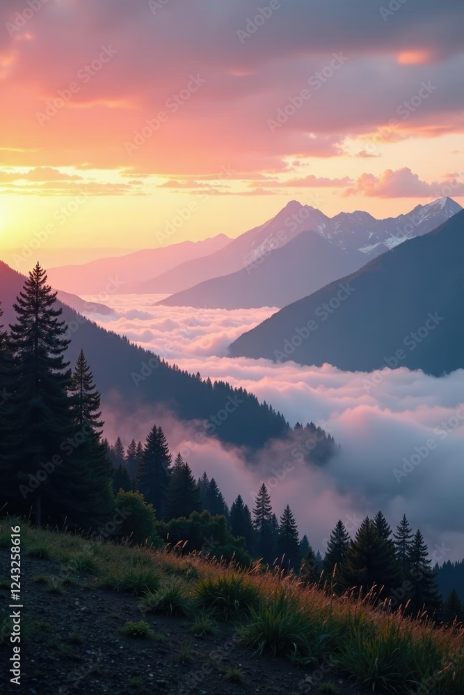 Obraz premium misty dawn landscape with mountains in the background, clouds, fog, peaceful