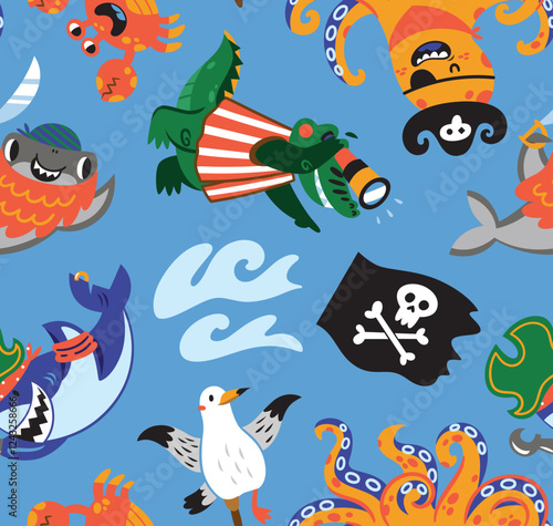 Seamless pattern with cute marine pirates isolated on blue background