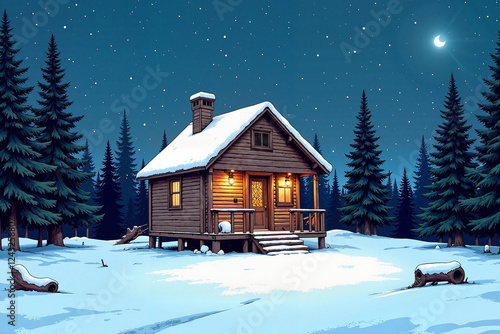 Wallpaper Mural Cozy wooden cabin in snowy forest at night, winter nostalgia Torontodigital.ca