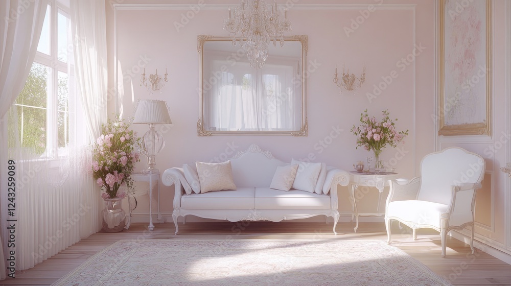 Fototapeta premium Elegant living room with white sofa, armchair, and rose bouquets.