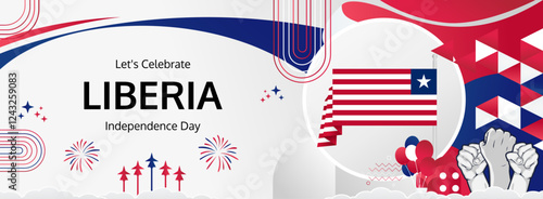 Liberia Independence Day modern long banner. 26 July Happy National Day. Holiday joyful party concept in flag colors. Nice for event, festival, feast, support, greeting and travel ads