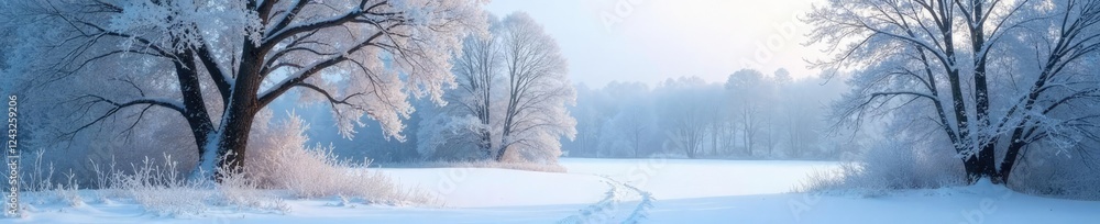 Snowy landscape with bare trees frozen in frost, frost, snowy woods, snow-covered ground Snowy landscape with bare trees frozen in frost, frost, snowy woods, snow-covered ground