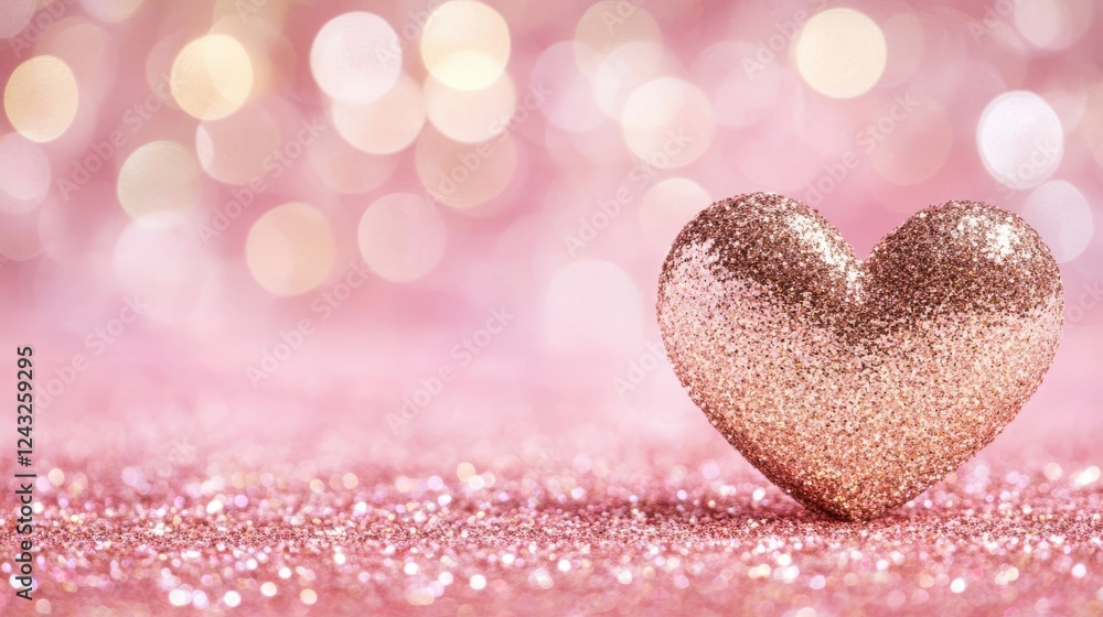 Obraz premium Glitter Heart Decoration on Sparkling Pink Background with Copy Space