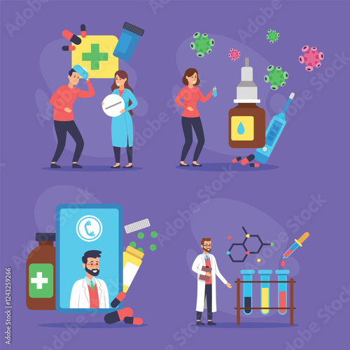 Collection of various health-related activities, including individuals dealing with medication, medical professionals in action, and laboratory research