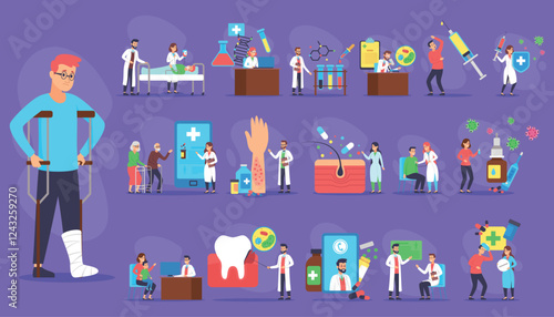 Set of variety of healthcare professionals in different medical settings