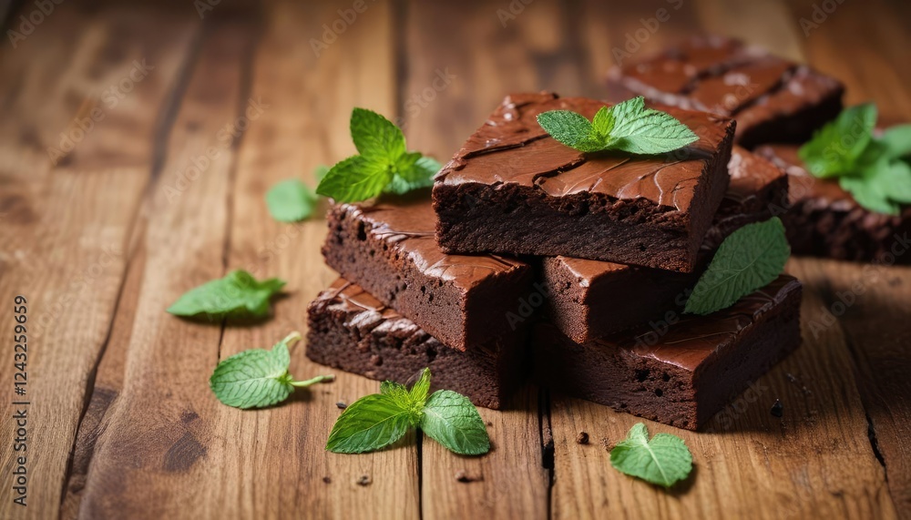 Fototapeta premium Stack of chocolate brownies on a wooden table with a few fresh mint leaves arranged artfully on top in a decorative pattern , wooden table, treats